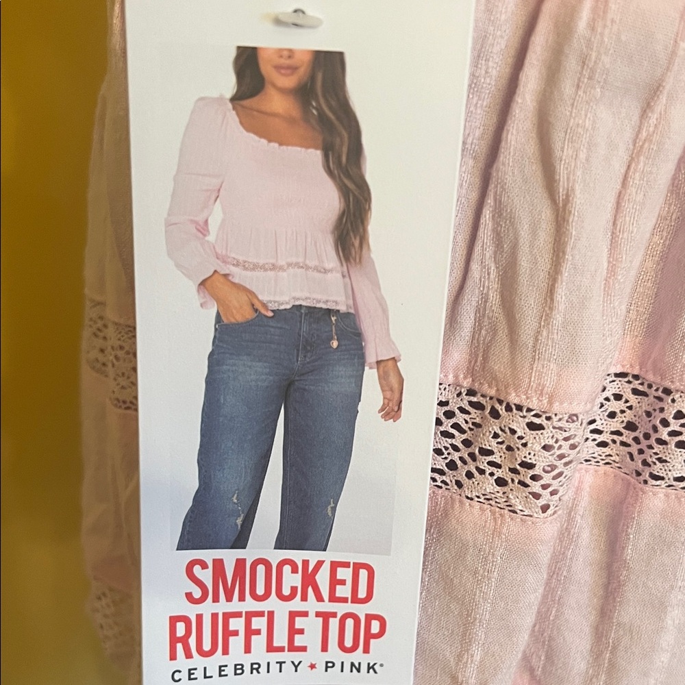 Cottagecore pink smocked milkmaid top puffed sleeves lace trim size medium - Picture 7 of 8